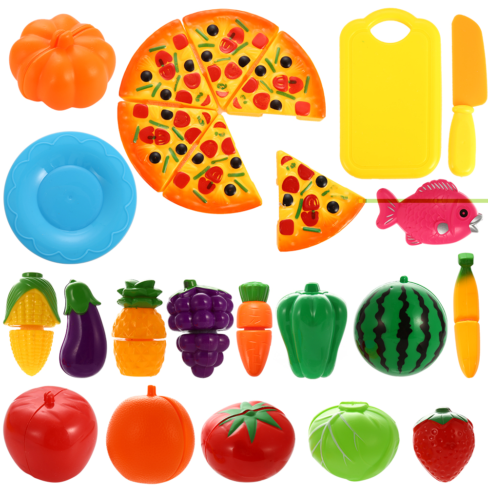 - 24PCS Plastic Cutting Fruits and Vegetables Set with Pizza Play Food Set for Pretend Play