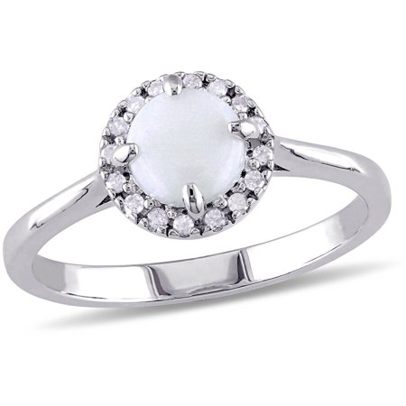 - 1/2 Carat T.G.W. Opal and Diamond-Accent Sterling Silver Halo Cocktail Ring