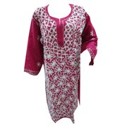 Mogul Womens Tunic Lucknowi Hand Embroidered Magenta Cotton Beach Dress Kurti