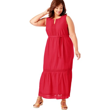 - Woman Within Plus Size Crochet Trim Tiered Sleeveless Maxi Dress