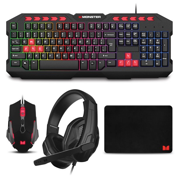 Monster Campaign 4-in-1 Gaming Keyboard, Headset, Mouse & Mouse Pad Bundle (Black)