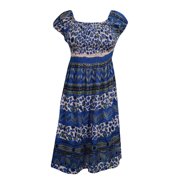 Mogul Women's Beach Dress Cap Sleeve Blue Printed Boho Chic Sundress