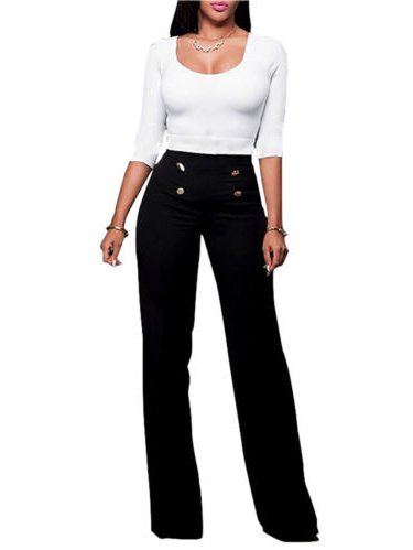 Women High Waist Flared Wide Leg Palazzo OL Career Button Long Trousers (Best Work Trousers With Knee Pads)