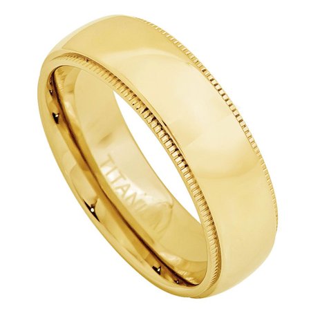 Comfort Fit Milgrain Edge (Men Women 7MM Comfort Fit Titanium Wedding Band Gold Tone Domed Milgrain Edge Titanium Ring (Size 5 to)