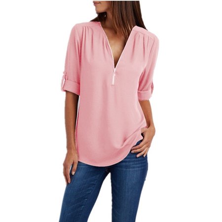 Women's Fashion Oversize Chiffon T Shirt Zipper Design V Neck Women Plus Size Blouse (Best Saree Blouse Designs)