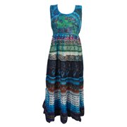 Mogul Women's Long Dress Blue Printed Summer Boho Chic Gypsy Hippie Dresses