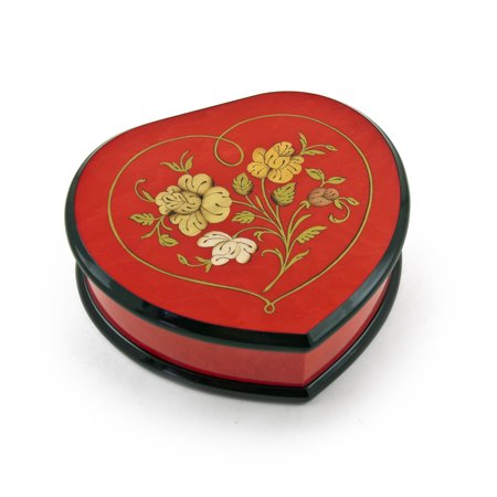 Heart Style Music Box - Elegant Cherry Red Heart Shaped Music Jewelry Box with Floral in Heart Frame Inlay Design - Danny Boy
