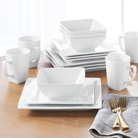 Porcelain China Dinnerware - Better Homes & Gardens 16 Piece Square Dinnerware Set, White