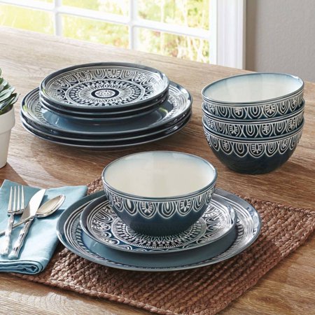 Better Homes & Gardens Teal Medallion 12-Piece Dinnerware Set, Teal
