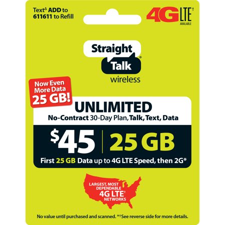 Straight Talk $45 Unlimited 30 Day Plan (with 25GB of data at high speeds, then 2G*) (Email