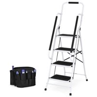 Best Choice Products 4-Step Portable Folding Anti-Slip Steel Safety Ladder w/ Handrails, Attachable Tool Bag - White