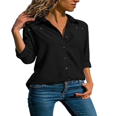 Orange Tube Top - Womens Long Sleeve Blouse Button Casual Tops Ladies V Neck OL Office Work Shirts