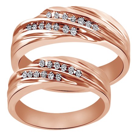14k White Gold Band Ring White Natural Diamond His And Hers Wedding Band Ring Set in 14K Rose Gold (0.14 Cttw) ()