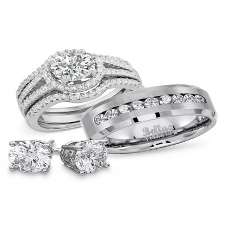 Religious Bridal Set - His and Hers Wedding Rings Titanium Sterling Silver Bridal Matching Ring Set + FREE STERLING SILVER EARRINGS (Women's Size 07 & Men's Size 10)