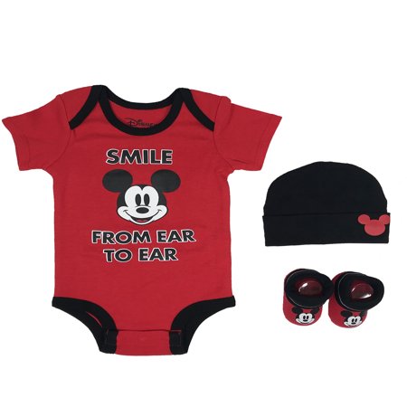 Gift Set Blanket Onesie - Mickey Mouse Short Sleeve Bodysuit, Booties & Cap Baby Shower Gift Set, 3pc (Newborn Baby Boy)