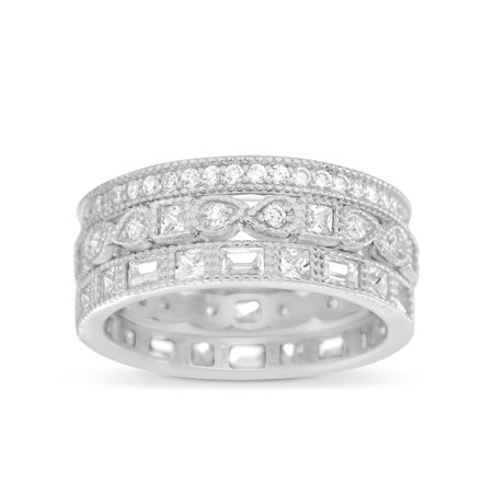 Quartz Antique Style Ring - Inspired by You Round Bead Set Cubic Zirconia Antique Style Eternity Band 3pc Bridal Ring Set for Women in Rhodium Plated 925 Sterling Silver