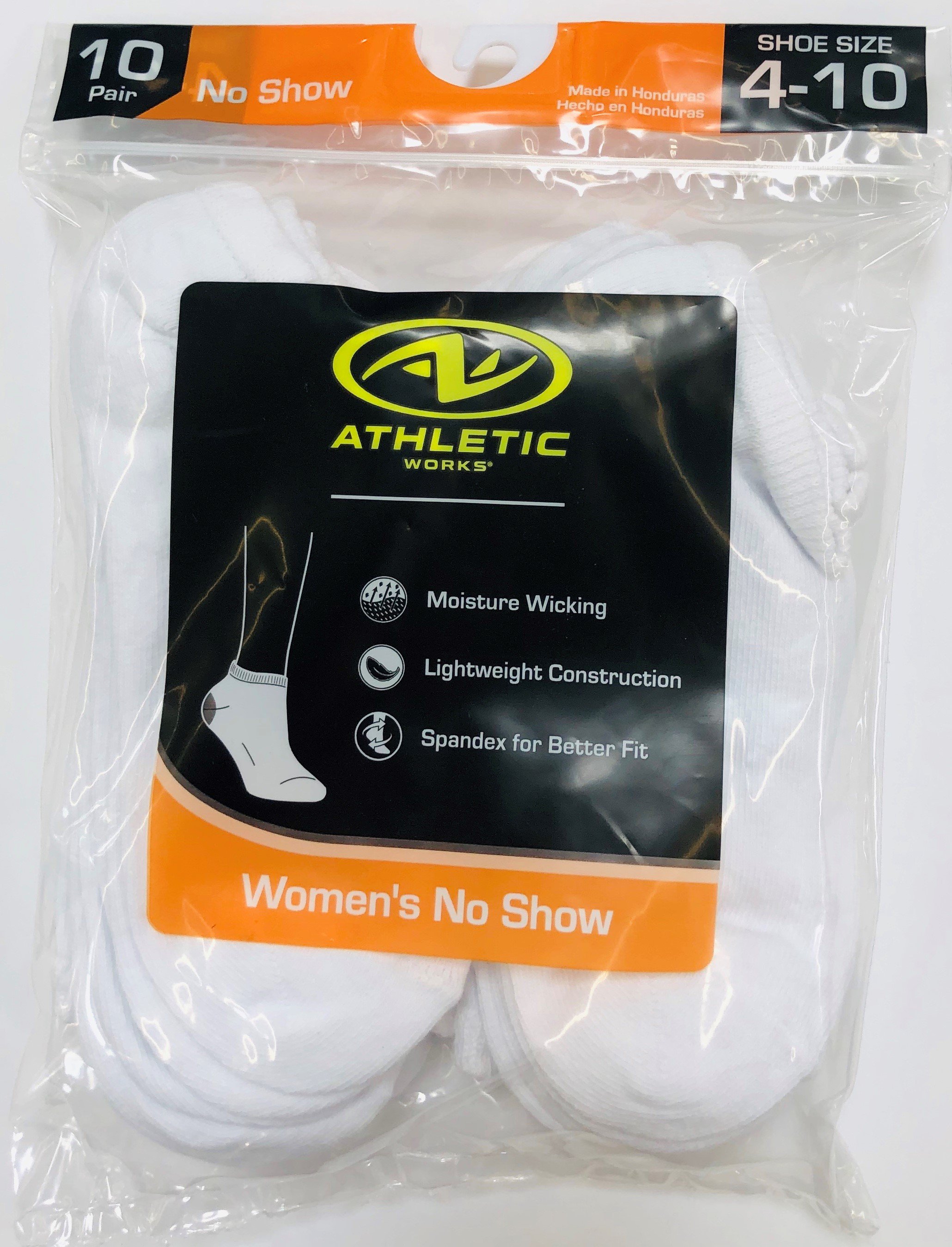 Athletic Works Women's No Show Socks, 10 Pack, 4-10, White