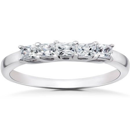Cut Diamond Ring Band - 3/4 ct Princess Cut Diamond Wedding Ring 5-Stone Womens Stackable Band 14k Gold