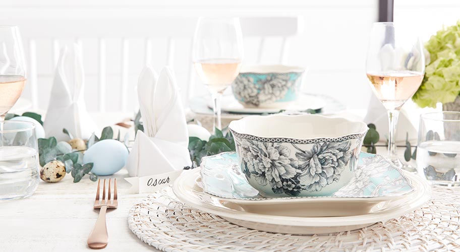 All set for Easter. Set the table for an Easter meal to remember with elegant dinnerware and textiles in sweet springtime hues.