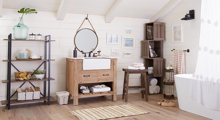 A Country Bath. Decompress after a long day in this charming farmhouse bathroom. A Country Bath. Decompress after a long day in this charming farmhouse bathroom.